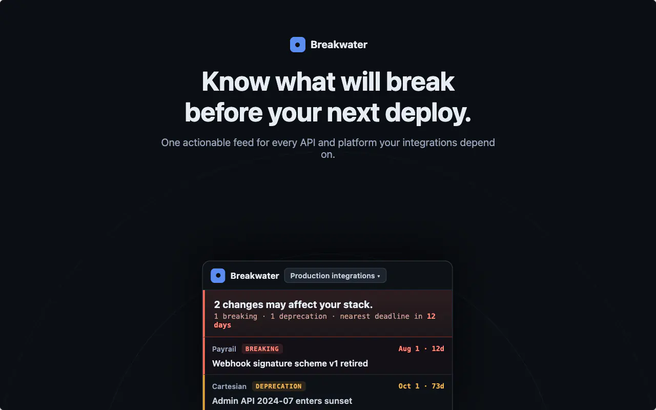 Breakwater popup showing a relevant API breaking change and its deadline