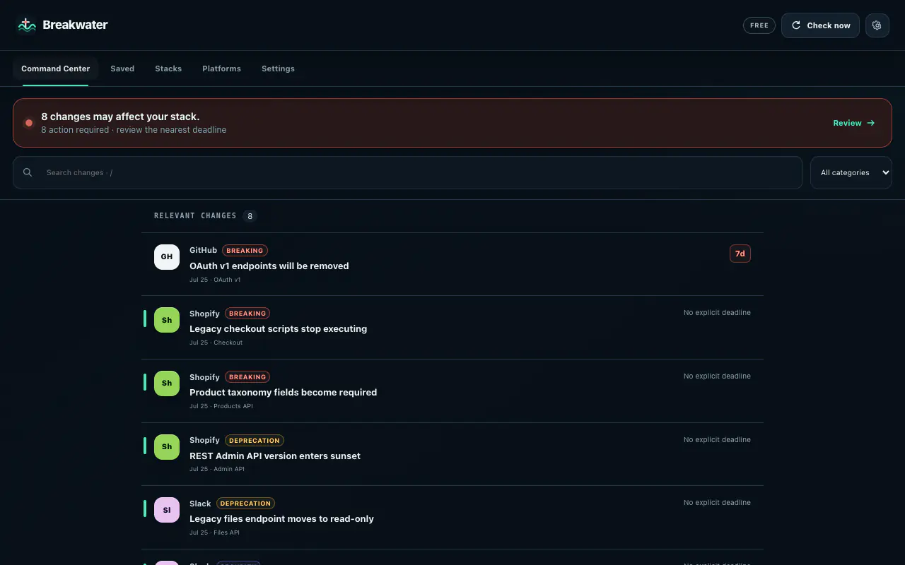 Breakwater Command Center showing relevant API changes, categories, and deadlines